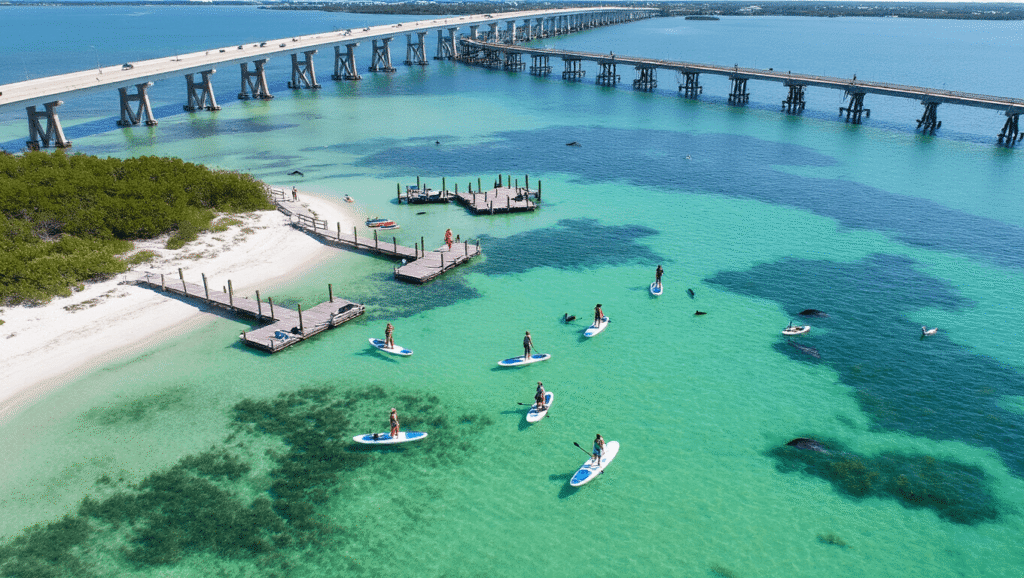 Why Fort De Soto Park Is Florida's Best-Kept Paddleboarding Secret (And How to Experience It Like a Pro) "Aerial view of Fort De Soto Park with paddleboarders in turquoise waters, white sand beaches, wooden docks, mangrove shores, Pinellas Bayway bridges, seagrass beds, dolphins, kayaks, pelicans, and an osprey nest."
