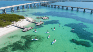 Why Fort De Soto Park Is Florida's Best-Kept Paddleboarding Secret (And How to Experience It Like a Pro) "Aerial view of Fort De Soto Park with paddleboarders in turquoise waters, white sand beaches, wooden docks, mangrove shores, Pinellas Bayway bridges, seagrass beds, dolphins, kayaks, pelicans, and an osprey nest."