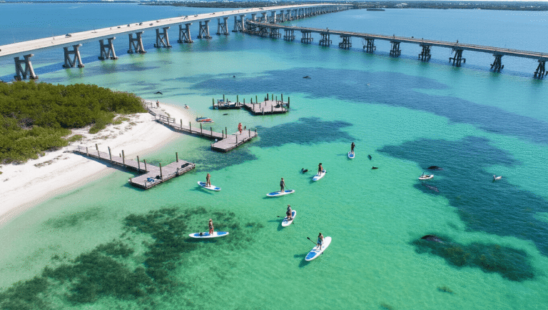 Why Fort De Soto Park Is Florida's Best-Kept Paddleboarding Secret (And How to Experience It Like a Pro) "Aerial view of Fort De Soto Park with paddleboarders in turquoise waters, white sand beaches, wooden docks, mangrove shores, Pinellas Bayway bridges, seagrass beds, dolphins, kayaks, pelicans, and an osprey nest."