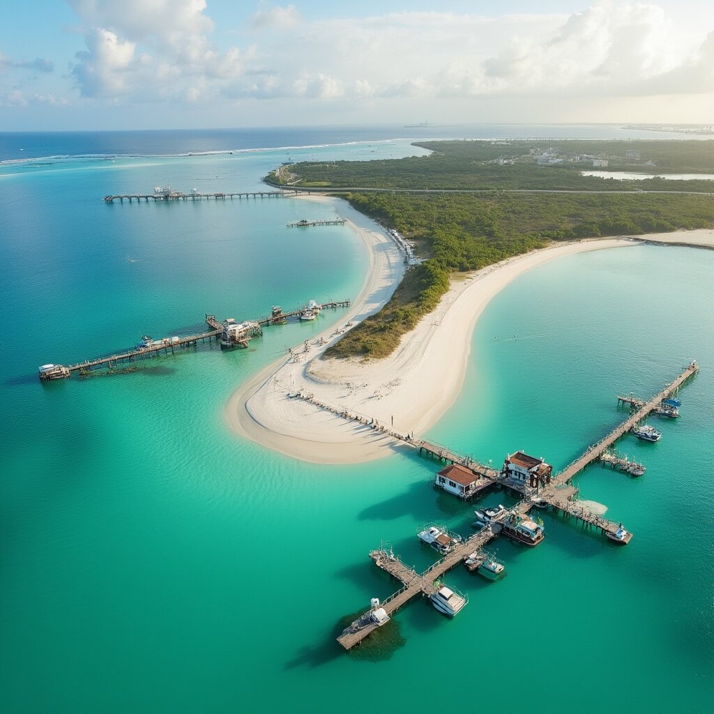 Why Fort De Soto Park Is Florida's Best-Kept Paddleboarding Secret (And How to Experience It Like a Pro) Aerial view of Fort De Soto Park's interconnected islands, turquoise waters, white sand beaches, and floating dock system in Pinellas County, Florida with the Pinellas Bayway bridge in background and wildlife amidst mangrove shorelines.