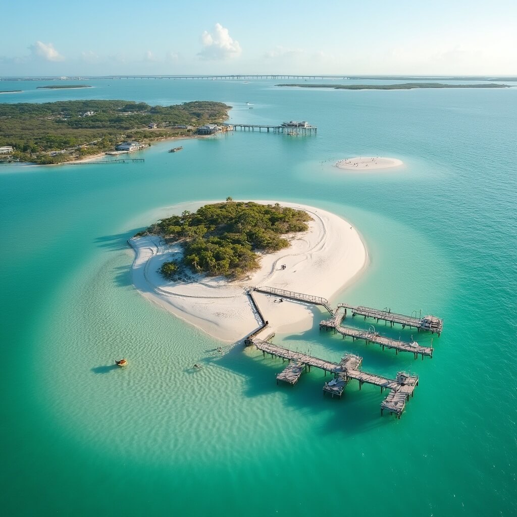 Why Fort De Soto Park Is Florida's Best-Kept Paddleboarding Secret (And How to Experience It Like a Pro) Aerial view of Fort De Soto Park's islands showing turquoise waters, white sand beaches, wooden floating docks on Madeleine Key, Pinellas Bayway bridge, perched pelicans, mangrove shorelines, and water channels in morning light