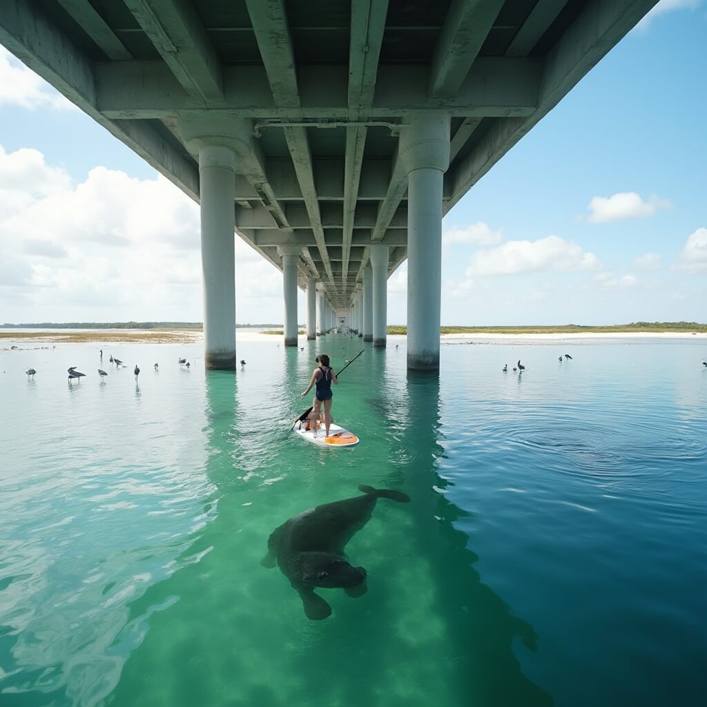 Why Fort De Soto Park Is Florida's Best-Kept Paddleboarding Secret (And How to Experience It Like a Pro) Paddleboarder navigating under Pinellas Bayway South bridge in Fort De Soto Park's Mullet Key Bayou, with osprey nests, manatee silhouette, white sand beaches, and great blue herons visible in backdrop, expressing contrast between bridge architecture and natural scenery.