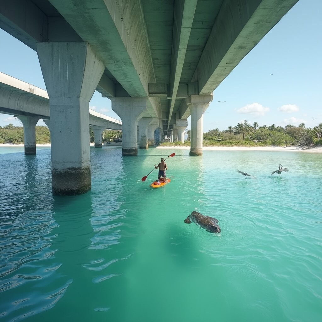 Why Fort De Soto Park Is Florida's Best-Kept Paddleboarding Secret (And How to Experience It Like a Pro) Paddleboarder navigating under Pinellas Bayway South bridge with manatee silhouette, osprey nests and herons in Fort De Soto Park's Mullet Key Bayou, showcasing nature-architecture contrast and soft afternoon lighting