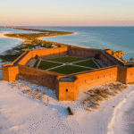 Why Fort Pickens on Pensacola Beach Is America's Best-Kept Military Secret (And How to Experience It Like a Pro) "Aerial view of Fort Pickens' pentagonal, red brick fortress on Santa Rosa Island's white sand beaches, surrounded by the emerald Gulf waters, with cannons visible on the ramparts and the Discovery Center nearby"