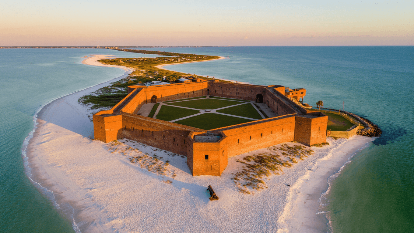"Aerial view of Fort Pickens' pentagonal, red brick fortress on Santa Rosa Island's white sand beaches, surrounded by the emerald Gulf waters, with cannons visible on the ramparts and the Discovery Center nearby"