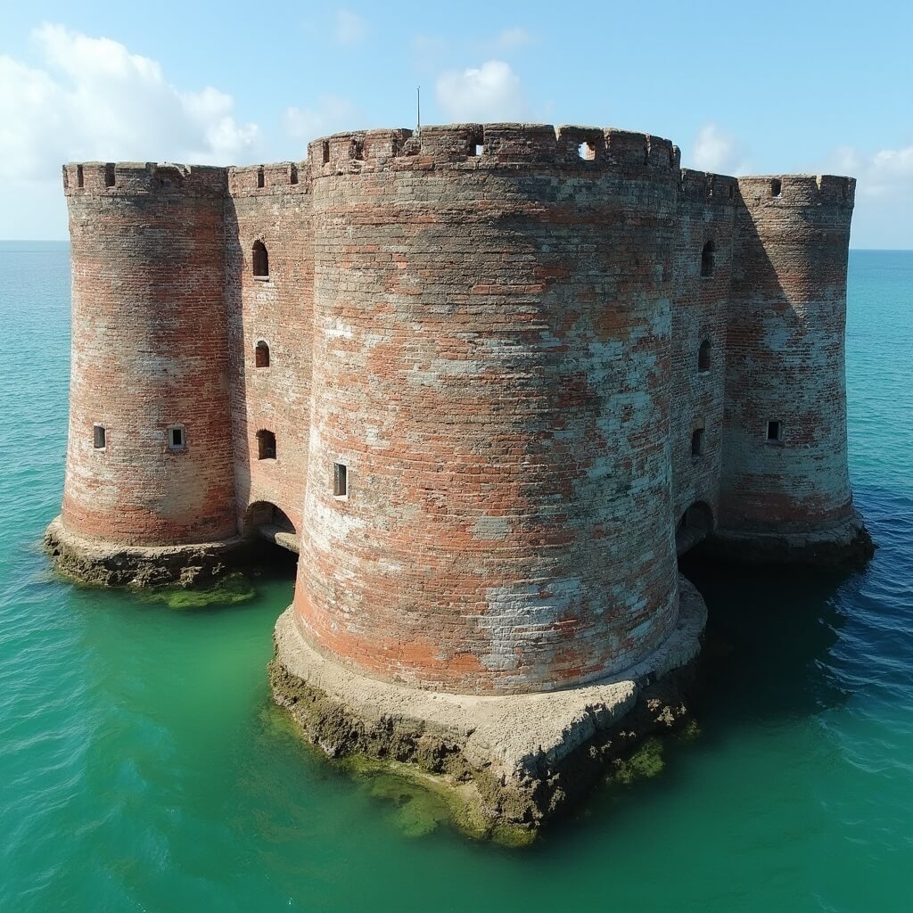 Morning light casting shadows on the weathered brick walls of the pentagonal Fort Pickens with visible battle damage, overlooking emerald Gulf of Mexico waters and commanding the entrance to Pensacola Bay.