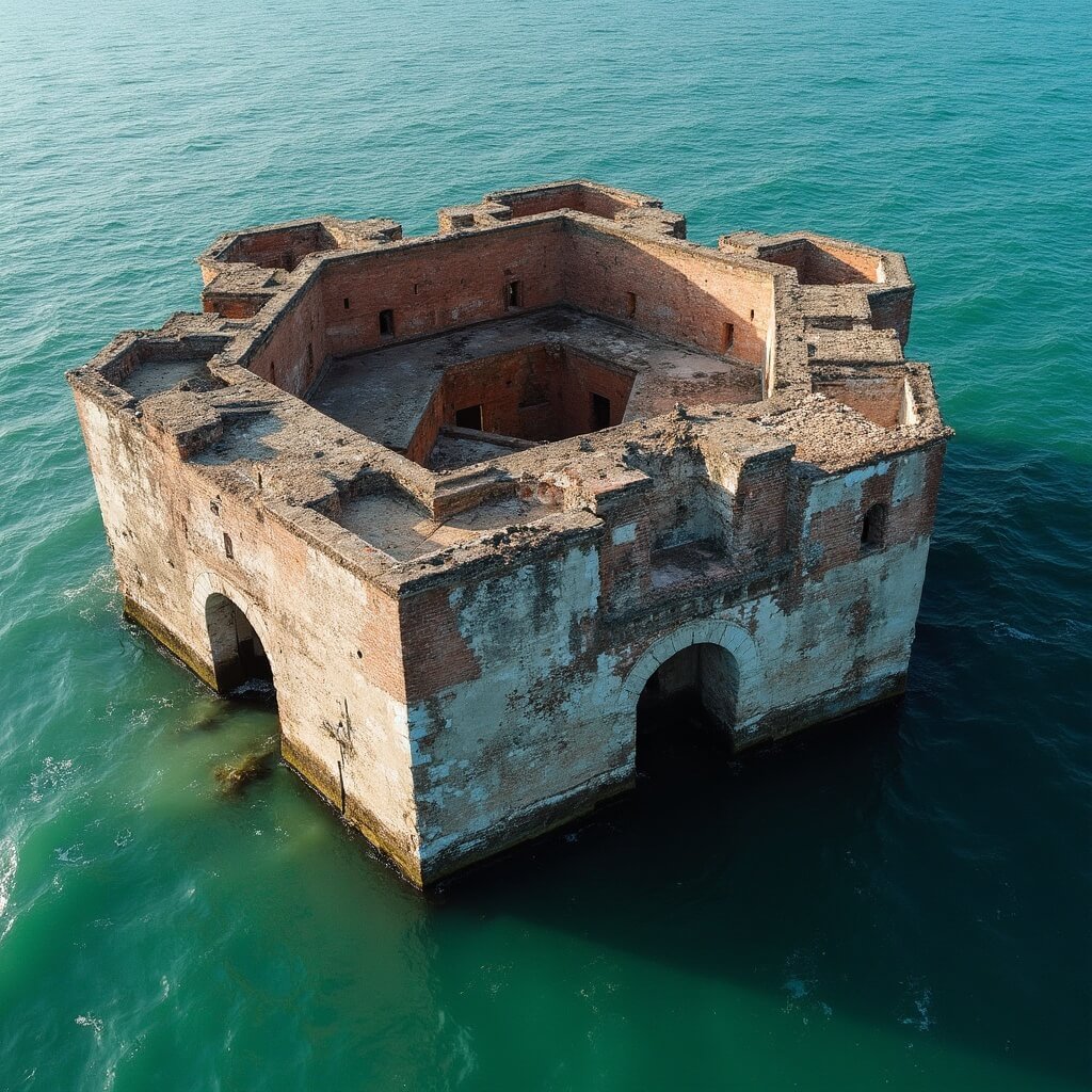 Morning shot of Fort Pickens' historic pentagonal fortress on Santa Rosa Island, showing detailed brickwork, bastion projections, visible 1899 explosion damage, and the strategic positioning commanding Pensacola Bay entrance, against Gulf of Mexico backdrop.