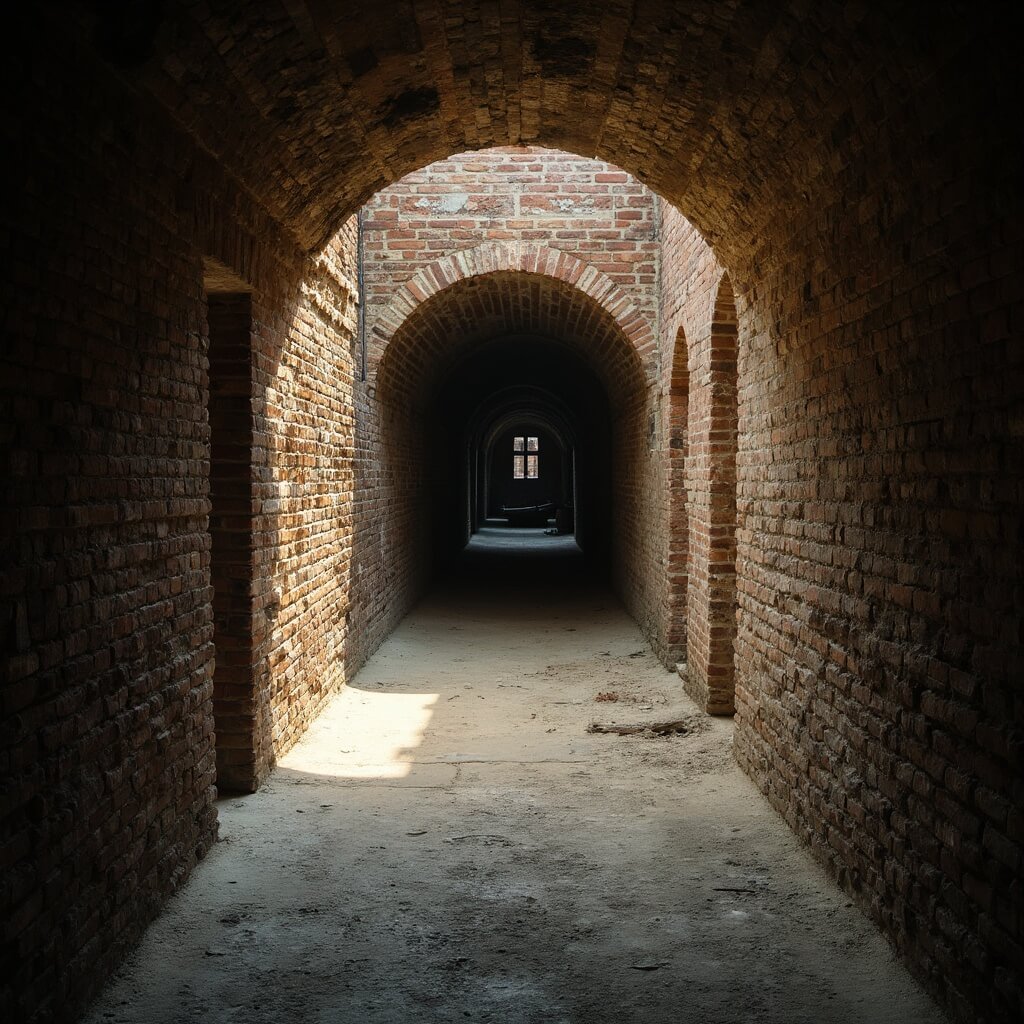 Sunlight filtering through windows in Fort Pickens' preserved tunnels and Battery Pensacola passage, illuminating dark corridors, officers' quarters and prisoners' cells, with weathered brick archways and worn stone floors reflecting the fortress's military history.