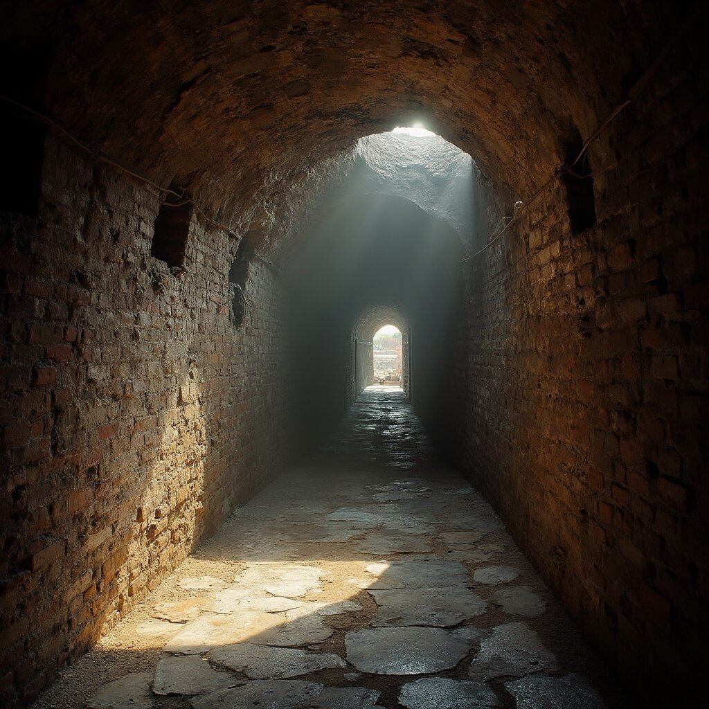 Dramatic sunlight illuminating low-ceiling tunnels, officer's quarters, and prisoner's cells of historic Fort Pickens, emphasizing weathered brick archways, worn stone floors, and authentic Civil War era living spaces.