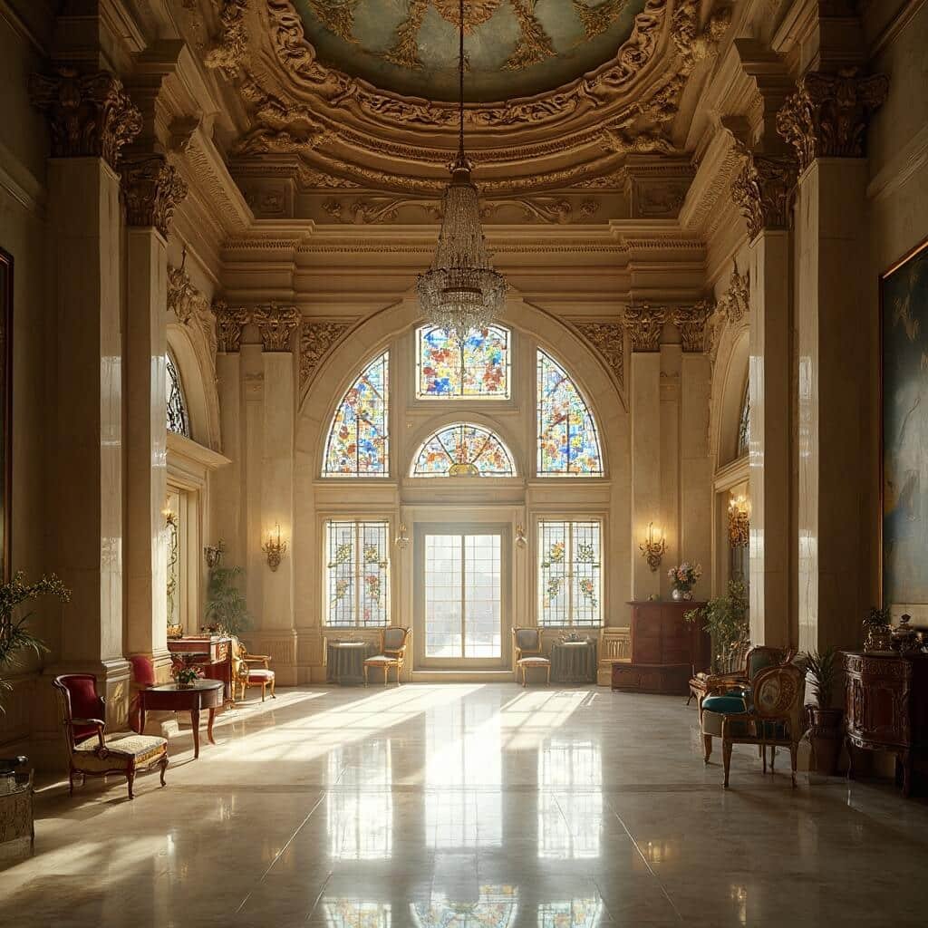 Opulent Gilded Age grand hall interior with three-story ceiling, Beaux-Arts details, marble columns, ornate moldings, stained glass windows, Italian marble floors, gilded chairs, ornate tables, crystal chandeliers, rich tapestries, and artwork in a 1902 American mansion.