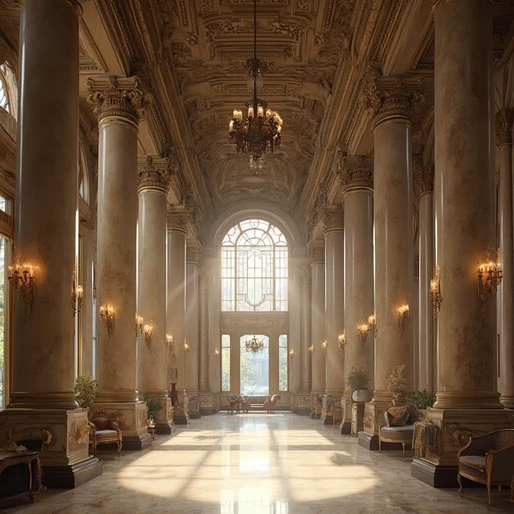 Gilded Age mansion interior with three-story ceiling, massive marble columns, stained glass windows, Italian marble floors, period furnishings, crystal chandeliers, and rich tapestries.