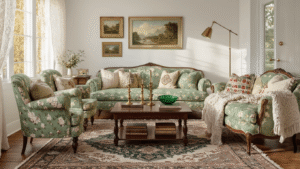 How to Create a Granny Chic Living Room That's Cozy Without Looking Like a Time Capsule Cozy granny chic living room with sage green floral armchair, rose curved sofa, warm lighting, vintage textiles, and a mix of antique and modern decor.