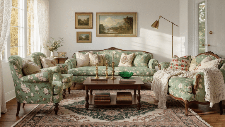 How to Create a Granny Chic Living Room That's Cozy Without Looking Like a Time Capsule Cozy granny chic living room with sage green floral armchair, rose curved sofa, warm lighting, vintage textiles, and a mix of antique and modern decor.