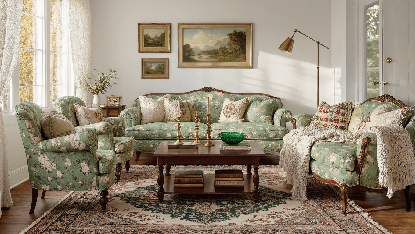 Cozy granny chic living room with sage green floral armchair, rose curved sofa, warm lighting, vintage textiles, and a mix of antique and modern decor.