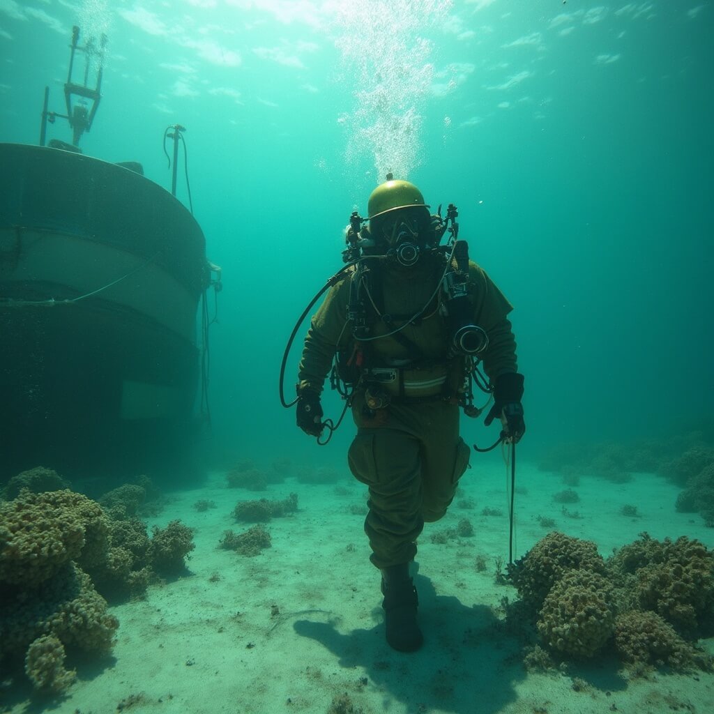 Professional diver in vintage gear on ocean floor depicting 1905 Greek sponge diving operations in the Gulf of Mexico with sponges, air lines, filtered sunlight, and silhouette of mechanized boat above.