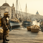 Why the Historic Sponge Docks of Tarpon Springs Are America's Best-Kept Cultural Secret Vintage Greek sponge diver in gear on dock with boats, sea sponges, and diving equipment, Sponge Exchange building and Orthodox church in background, Tarpon Springs waterfront, early 1900s.