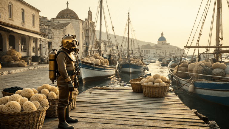 Why the Historic Sponge Docks of Tarpon Springs Are America's Best-Kept Cultural Secret Vintage Greek sponge diver in gear on dock with boats, sea sponges, and diving equipment, Sponge Exchange building and Orthodox church in background, Tarpon Springs waterfront, early 1900s.