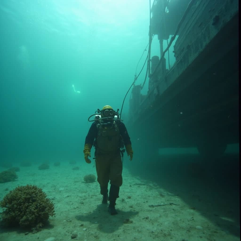 Professional diver in traditional 1905 diving suit walking on the seafloor of the Gulf of Mexico, demonstrating the sponge harvesting technique that made Tarpon Springs the center of the world's sponge industry.