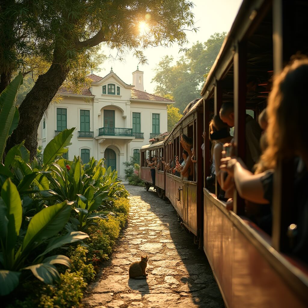 Why the Key West Conch Train Is Your Secret Weapon for Conquering Paradise in 60 Minutes Tourists on the Conch Train photographing the Ernest Hemingway House and six-toed cats, with a backdrop of blooming Royal Poinciana trees and Spanish Colonial architecture in morning light.