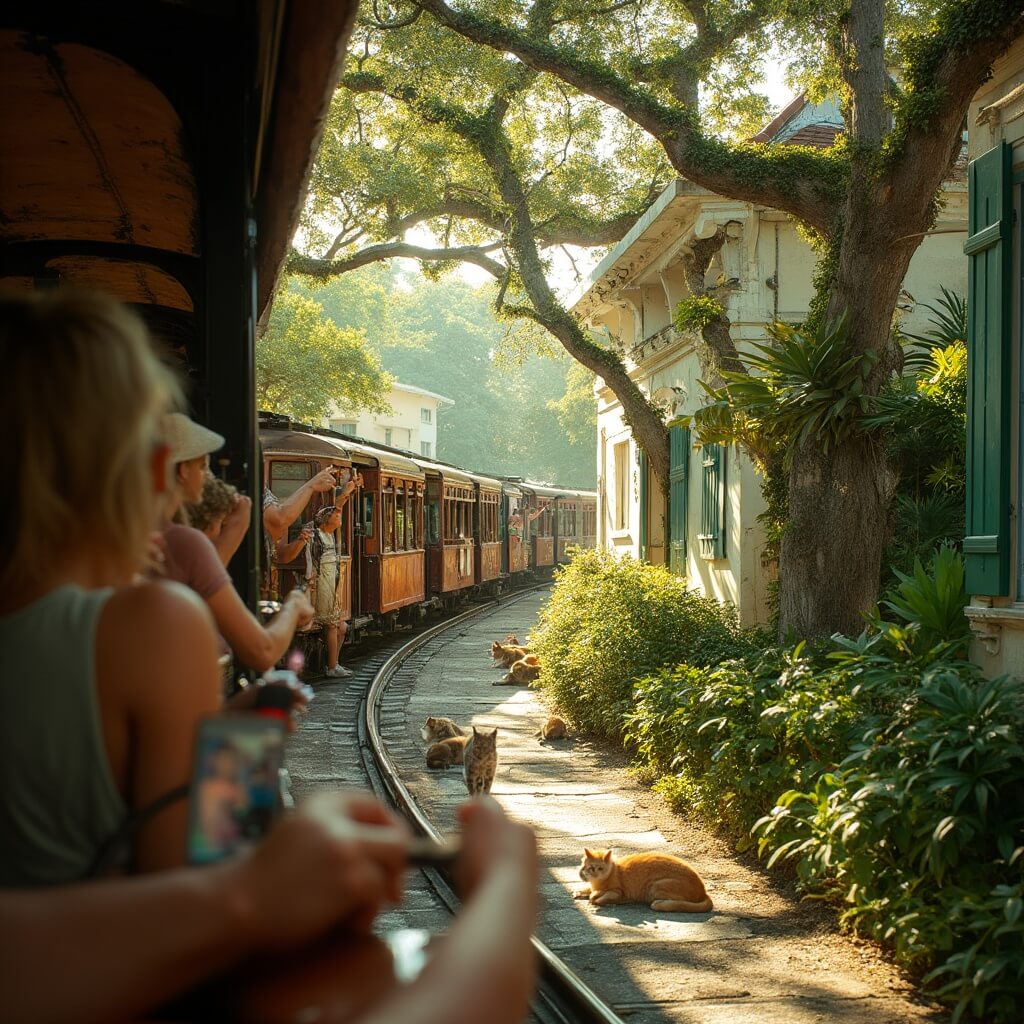 Why the Key West Conch Train Is Your Secret Weapon for Conquering Paradise in 60 Minutes Tourists on the Conch Train photographing the iconic Ernest Hemingway House and its lush tropical garden, featuring Royal Poinciana trees in bloom and six-toed cats, in the warm morning light.