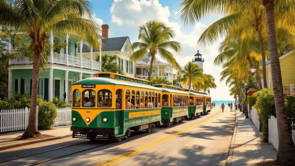 Why the Key West Conch Train Is Your Secret Weapon for Conquering Paradise in 60 Minutes "Vintage open-air Conch Train touring through palm-lined streets of Key West, Florida with views of iconic landmarks including the Hemingway House and Key West Lighthouse"