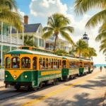 Why the Key West Conch Train Is Your Secret Weapon for Conquering Paradise in 60 Minutes "Vintage open-air Conch Train touring through palm-lined streets of Key West, Florida with views of iconic landmarks including the Hemingway House and Key West Lighthouse"