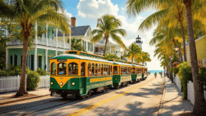 Why the Key West Conch Train Is Your Secret Weapon for Conquering Paradise in 60 Minutes "Vintage open-air Conch Train touring through palm-lined streets of Key West, Florida with views of iconic landmarks including the Hemingway House and Key West Lighthouse"