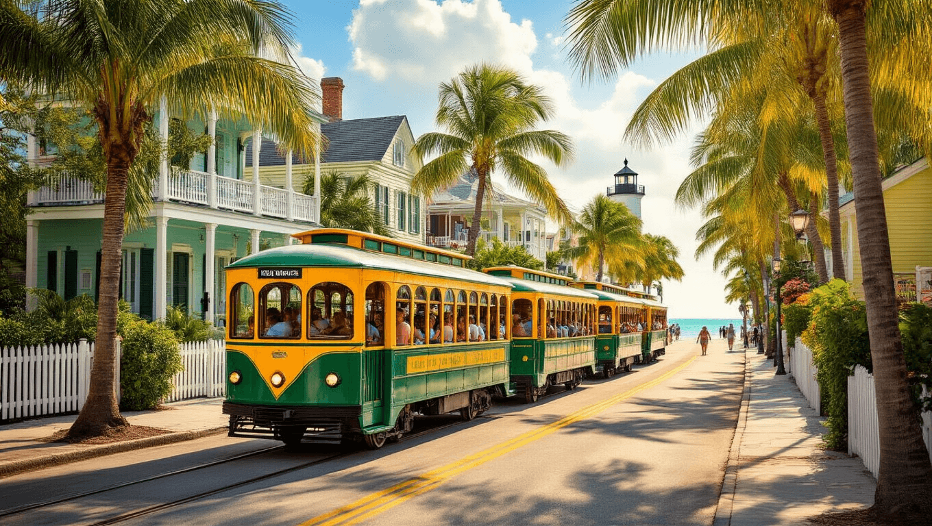 "Vintage open-air Conch Train touring through palm-lined streets of Key West, Florida with views of iconic landmarks including the Hemingway House and Key West Lighthouse"