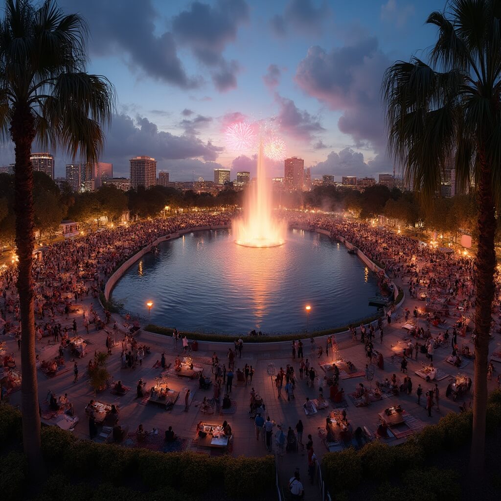The Insider's Guide to Orlando's Best-Kept Fireworks Secret (That 100,000+ People Know About) Crowds gathering at Lake Eola's 47th Annual Fireworks at the Fountain with iconic illuminated fountain, Orlando city skyline, and palm trees in the background during dusk