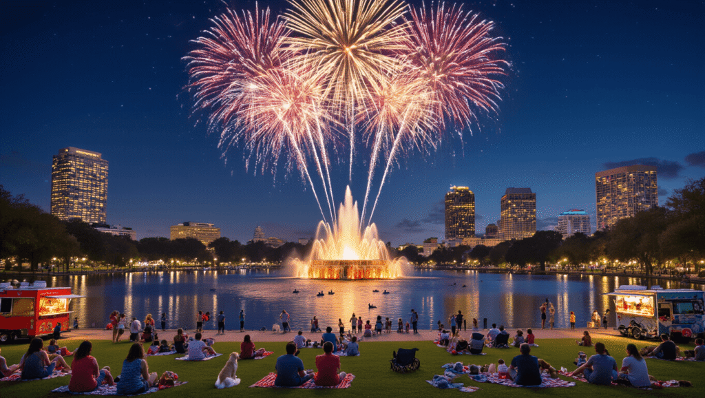 The Insider's Guide to Orlando's Best-Kept Fireworks Secret (That 100,000+ People Know About) "Fireworks display at Lake Eola in downtown Orlando during Fourth of July celebration with families, food trucks, and swans on the lake, and glimmering skyline in the background."