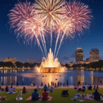 The Insider's Guide to Orlando's Best-Kept Fireworks Secret (That 100,000+ People Know About) "Fireworks display at Lake Eola in downtown Orlando during Fourth of July celebration with families, food trucks, and swans on the lake, and glimmering skyline in the background."