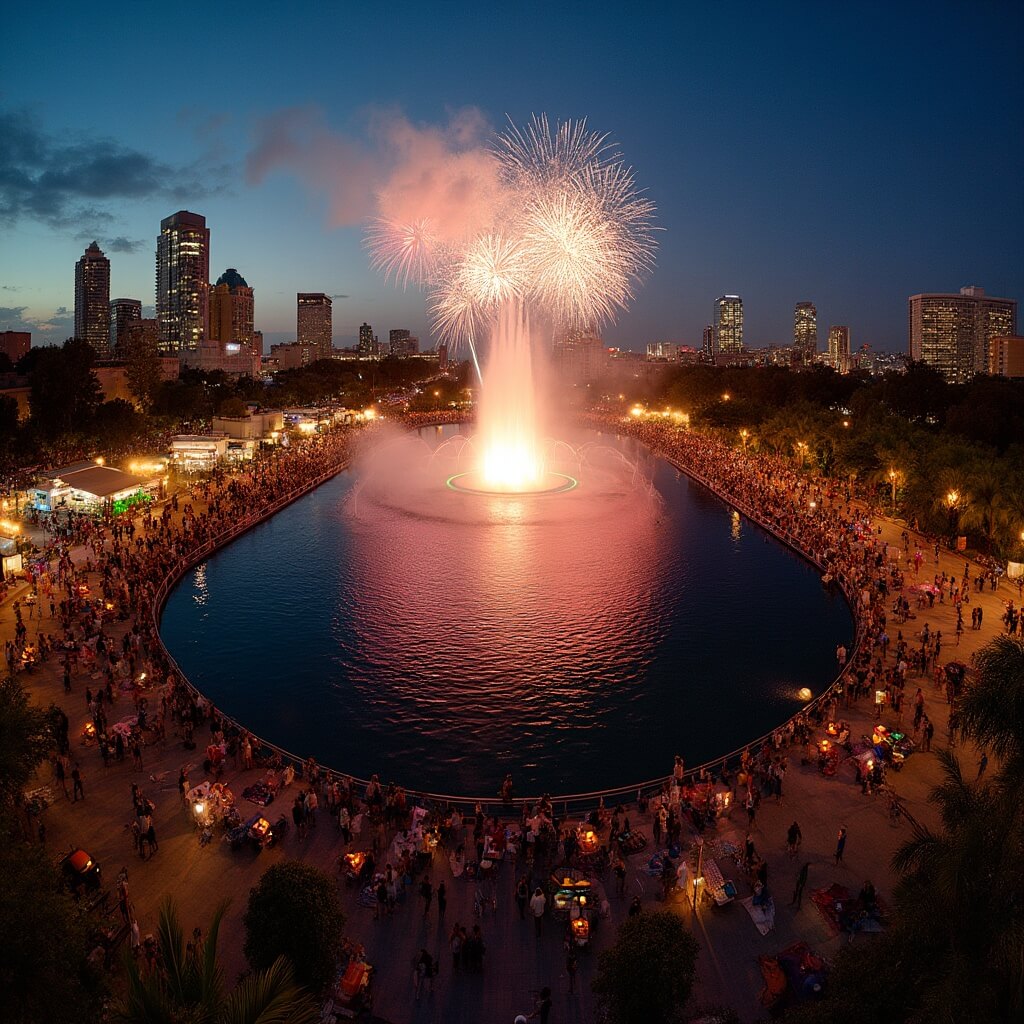 The Insider's Guide to Orlando's Best-Kept Fireworks Secret (That 100,000+ People Know About) Crowds gathering at Lake Eola 47th Annual Fireworks celebration, with illuminated fountain at dusk and Orlando skyline in the background