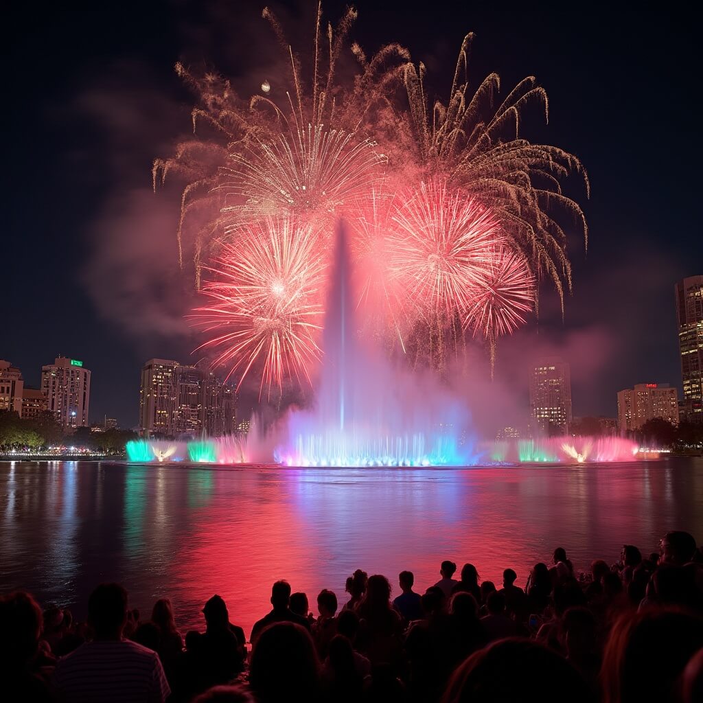 The Insider's Guide to Orlando's Best-Kept Fireworks Secret (That 100,000+ People Know About) Fireworks finale over Lake Eola's fountain in downtown Orlando with spectators and Orlando Concert Band in the foreground