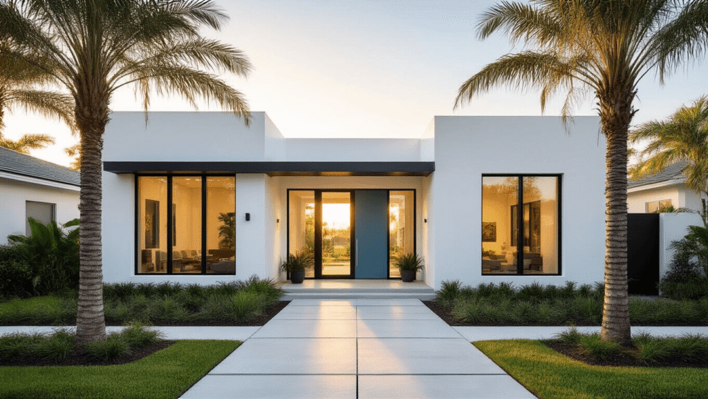 Modern Florida home exterior at golden hour with white stucco walls, dark fiber cement accents, and floor-to-ceiling sliding glass doors, surrounded by palm trees and minimalist landscaping, showcasing a sophisticated three-tone color palette.
