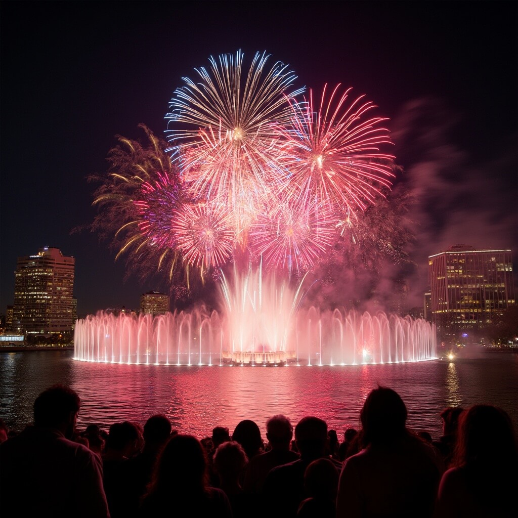 The Insider's Guide to Orlando's Best-Kept Fireworks Secret (That 100,000+ People Know About) Fireworks finale over Lake Eola's fountain in downtown Orlando with spectators and the Orlando Concert Band in view