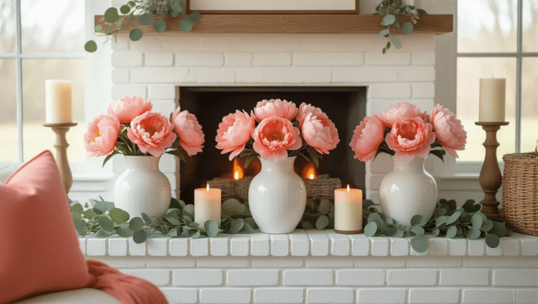 Spring Fireplace Decor Ideas That'll Make Your Home Bloom Elegant spring fireplace mantel adorned with coral peonies in white vases, natural wood frames, and cream candles, illuminated by soft golden hour light, creating a cozy and sophisticated atmosphere.