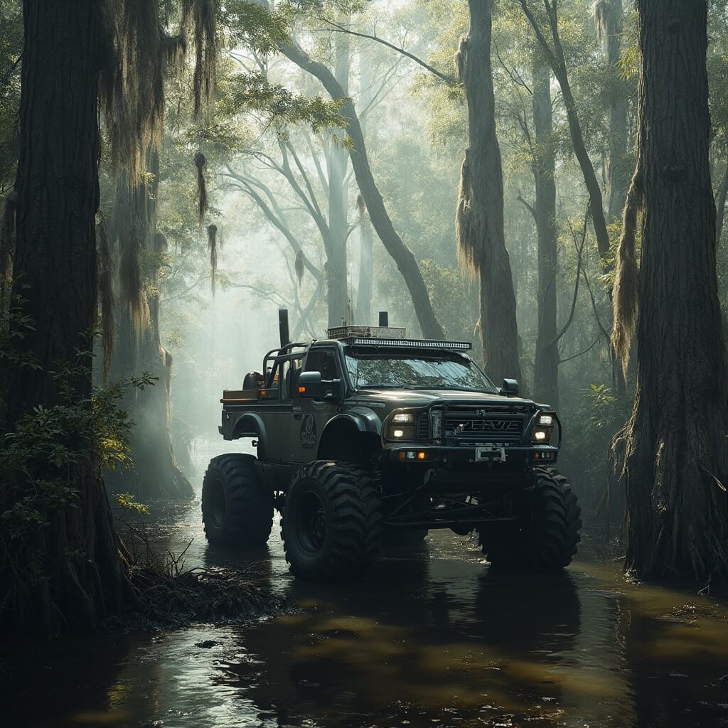 The Only Everglades Experience That'll Make You Question Everything You Thought You Knew About Wildlife Tours Swamp buggy navigating through ancient cypress swamp, surrounded by moss-draped trees and reflective murky water, captured from an elevated angle