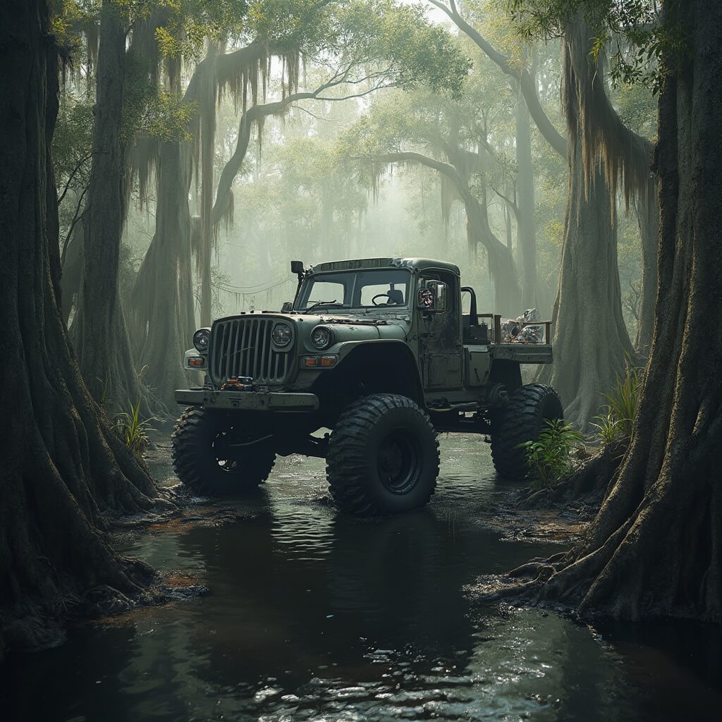 The Only Everglades Experience That'll Make You Question Everything You Thought You Knew About Wildlife Tours Swamp buggy navigating through ancient cypress swamp with towering trees and Spanish moss, shot from an elevated angle during misty conditions