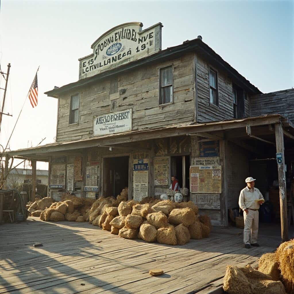 1908 historic Sponge Exchange building in Tarpon Springs, featuring weathered wooden warehouse, stacks of wool sponges drying, Greek-American merchants examining sponge quality, vintage auction signs, and morning light casting shadows on dock, illustrating Gulf Coast maritime culture