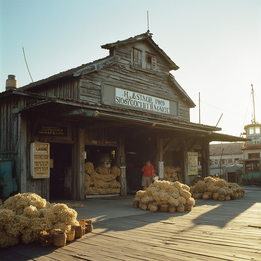 1908 photo of the Sponge Exchange building in Tarpon Springs, featuring weathered warehouse, natural wool sponges in woven baskets, Greek-American merchants, vintage auction signs, and morning shadows cast on dock planks, portraying America's former sponge capital's maritime heritage.