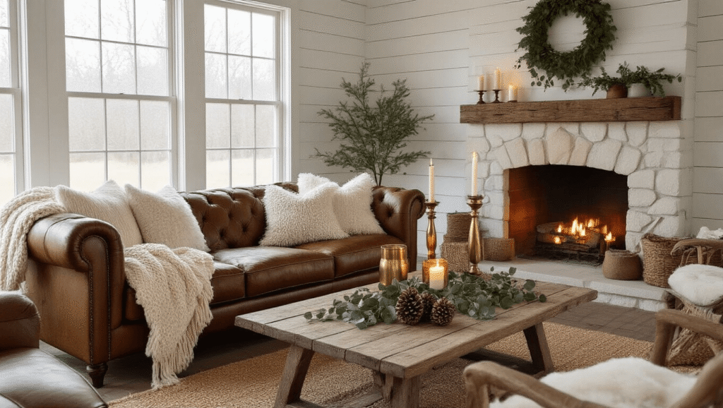 Winter Farmhouse Decor That'll Make You Actually Want to Stay Inside Photorealistic winter farmhouse living room at golden hour, featuring a distressed leather sofa with cream chunky knit throws and faux fur pillows, reclaimed wood coffee table with brass candlesticks and eucalyptus, warm white shiplap walls, stone fireplace, hardwood floors with jute rug, creating a cozy, inviting atmosphere.