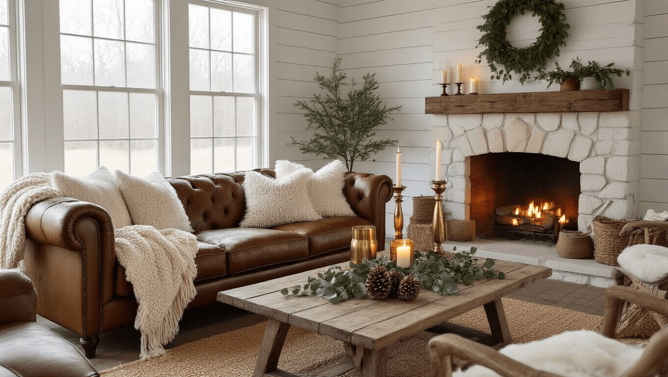 Photorealistic winter farmhouse living room at golden hour, featuring a distressed leather sofa with cream chunky knit throws and faux fur pillows, reclaimed wood coffee table with brass candlesticks and eucalyptus, warm white shiplap walls, stone fireplace, hardwood floors with jute rug, creating a cozy, inviting atmosphere.