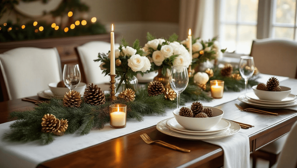 Christmas Table Decor Ideas That'll Make Your Guests Actually Want to Stay A photorealistic dining room scene featuring a mahogany table dressed in a white linen tablecloth, adorned with evergreen garland, gold-dusted pine cones, white roses, and flickering candlelight, creating a cozy and elegant Christmas atmosphere.