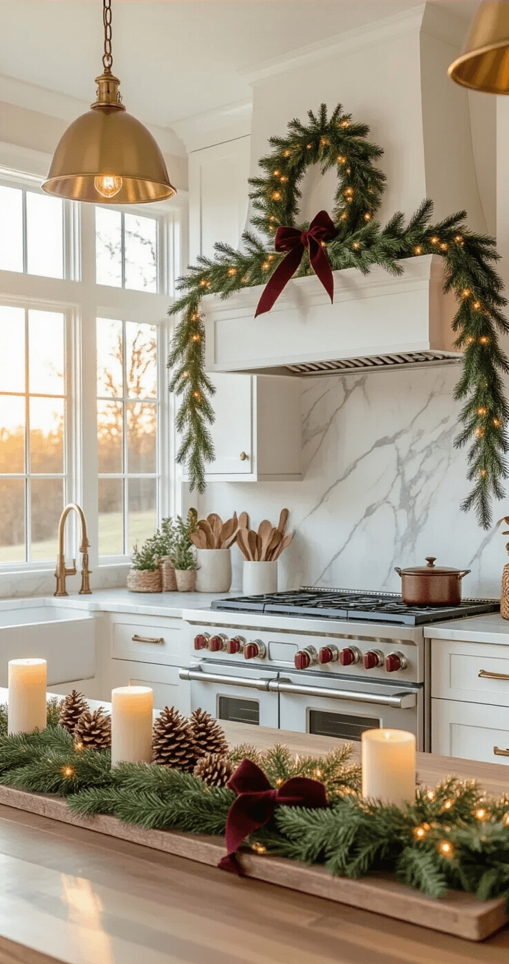 A warm and inviting farmhouse kitchen featuring white shaker cabinets, marble countertops, and a professional range hood adorned with artificial evergreen garland, warm white lights, and burgundy velvet ribbon. A wreath of pinecones and dried orange slices centers the display. The kitchen island showcases cream pillar candles, scattered pinecones, and fresh rosemary on a wooden tray, all illuminated by brass pendant lights during golden hour.