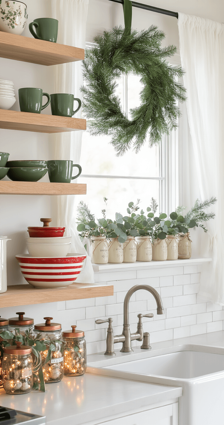 A bright modern kitchen decorated for Christmas with open floating shelves displaying forest green ceramic mugs, vintage mixing bowls, and copper cookie tins, illuminated by soft natural light and warm white fairy lights in mason jars. A eucalyptus and pine wreath hangs in the window, casting delicate shadows on the white subway tile.