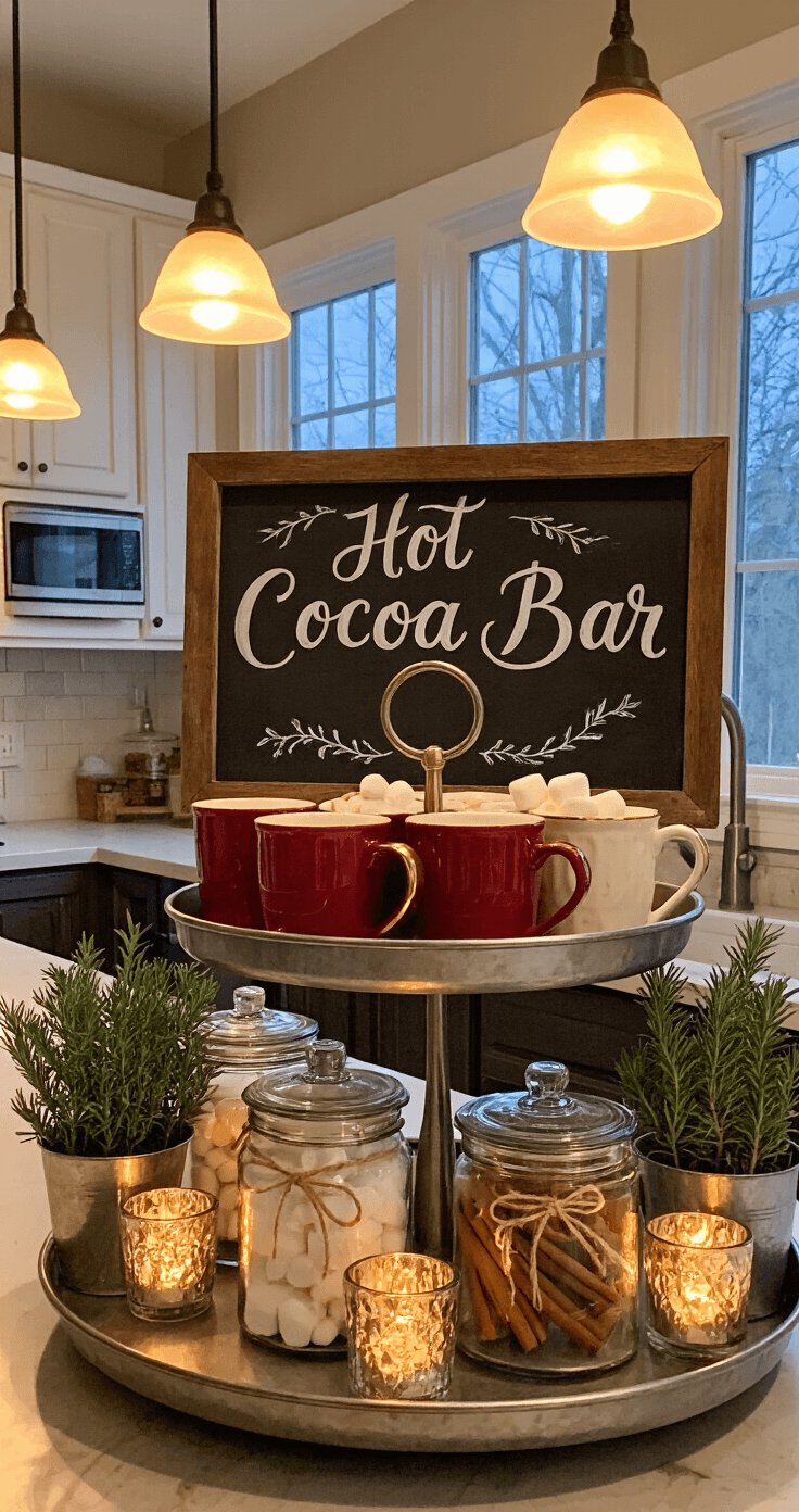 A cozy galley kitchen at dusk, featuring a warm hot cocoa station on a brushed metal serving stand with festive mugs, apothecary jars, and small votives, illuminated by pendant lighting and soft under-cabinet LED strips, adorned with decorative rosemary plants and velvet bows.