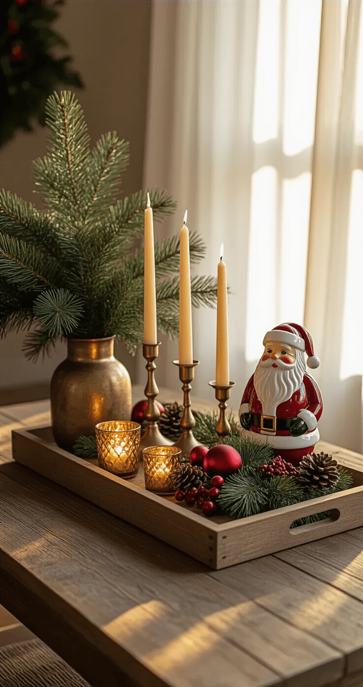 A rustic wooden tray on a weathered oak coffee table holds pine branches, gold brass candle holders, and a vintage Santa figurine, all beautifully lit by warm afternoon sunlight filtering through sheer curtains, creating a cozy holiday ambiance with decorative ornaments and soft bokeh in the background.