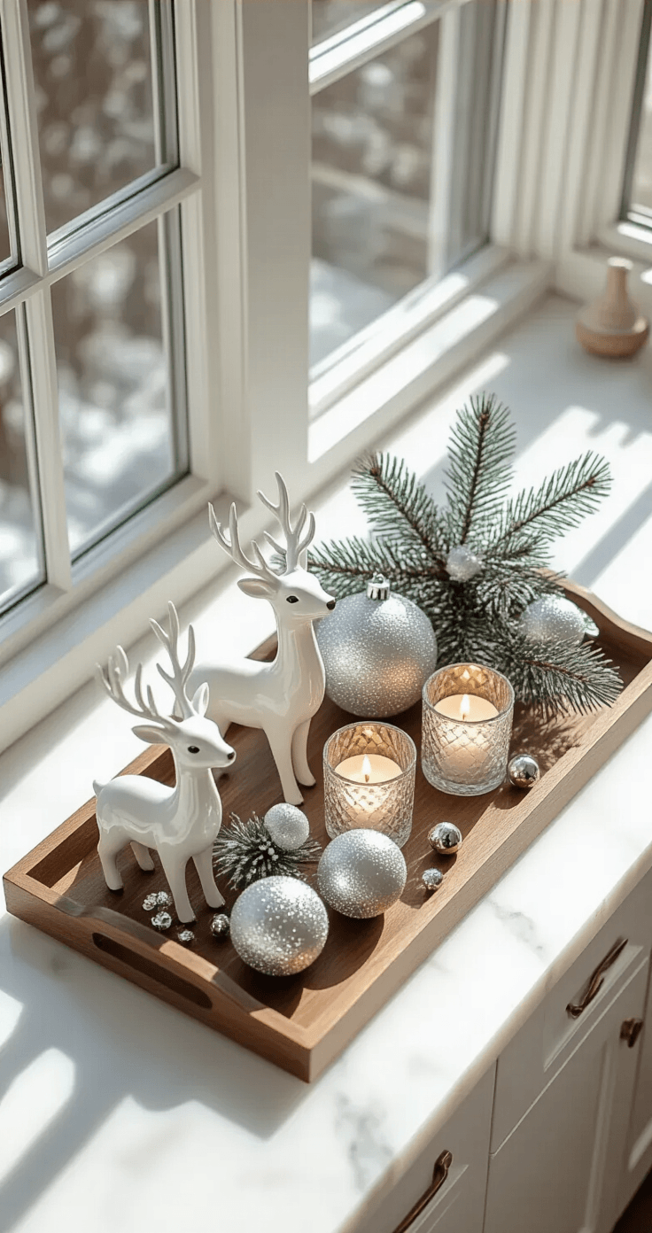 Overhead view of a minimalist white marble kitchen counter featuring a walnut wood tray with white ceramic deer figurines, frosted glass ornaments, mercury glass votives, silver jingle bells, and white-washed wood finials, all arranged in a serene winter morning setting with bright natural light and soft shadows.