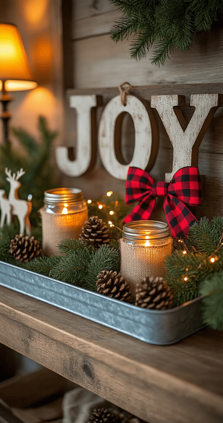Close-up of a farmhouse-style galvanized metal tray on a reclaimed wood table, featuring a rustic 'JOY' sign, mason jar candle holders with burlap ribbon, red buffalo check bows, pine cones, wooden reindeer, and cedar branches, illuminated by warm lamplight and copper wire lights.