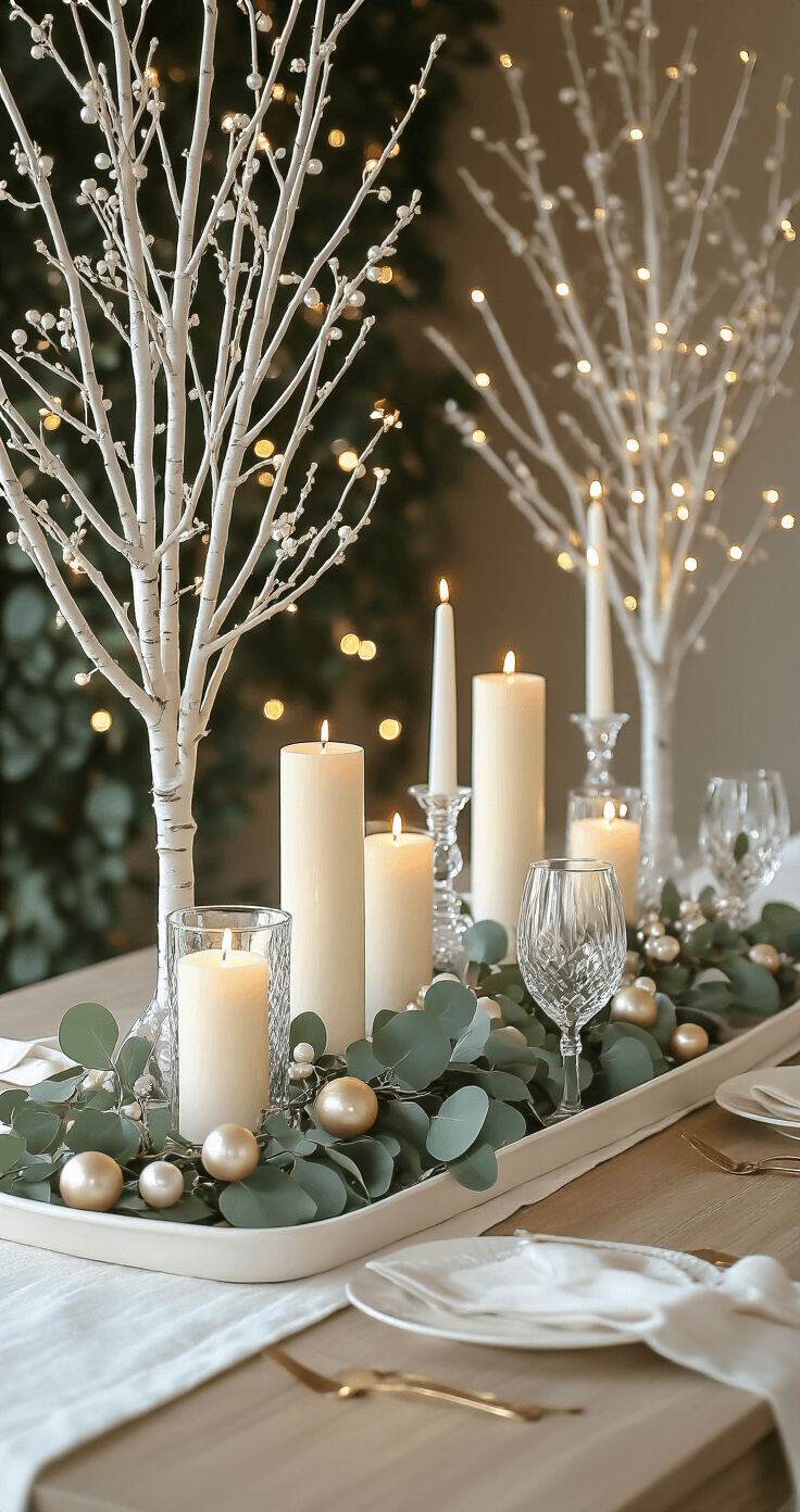 Angled view of a cream-colored ceramic tray centerpiece on a dining table, featuring white birch branches with LED lights, graduated pillar candles in crystal holders, champagne-colored glass ornaments, eucalyptus garland, and pearl-finished berry picks, all softly illuminated in a romantic late afternoon setting.
